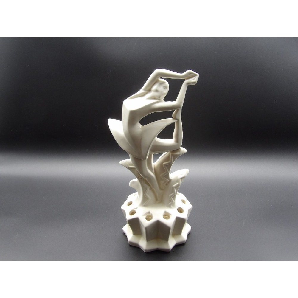 Antique Art Deco Art Nouveau Ballerina Nymph Flower Frog White Beige Cream 9" H